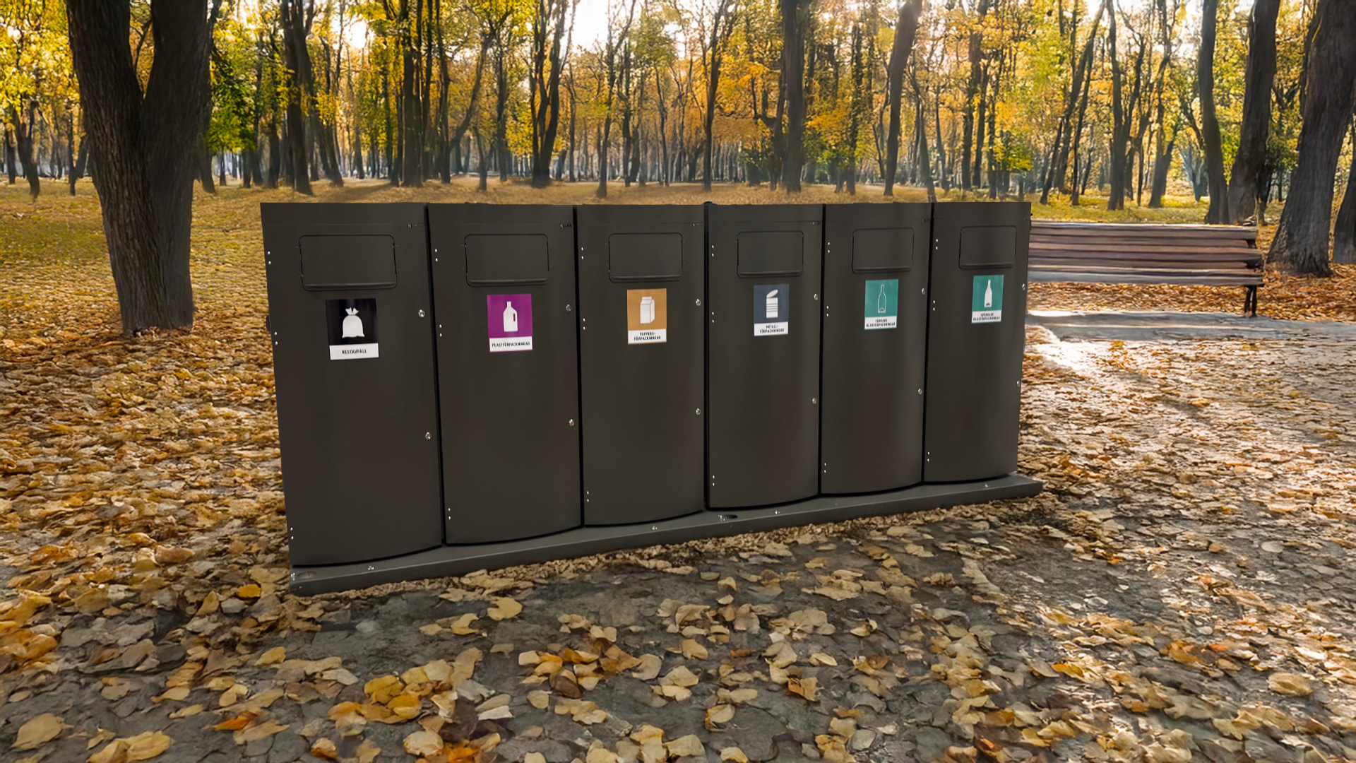 Sex Sortify Mango XL kärl i rad för sex fraktioner i en höstpark