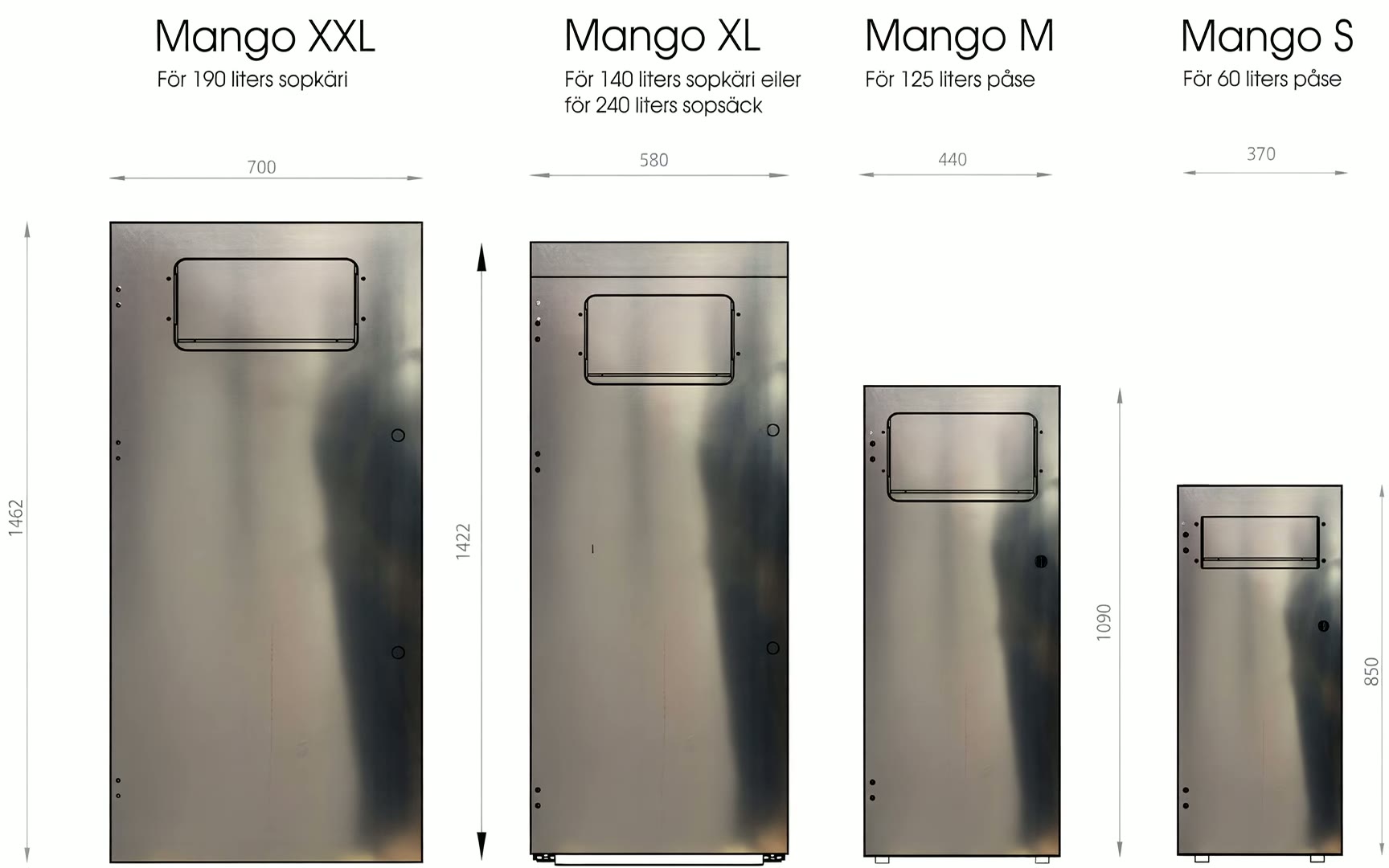 Storleksjämförelse mellan Mango XXL, Mango XL, Mango M och Mango S med bredd- och höjdmått i millimeter